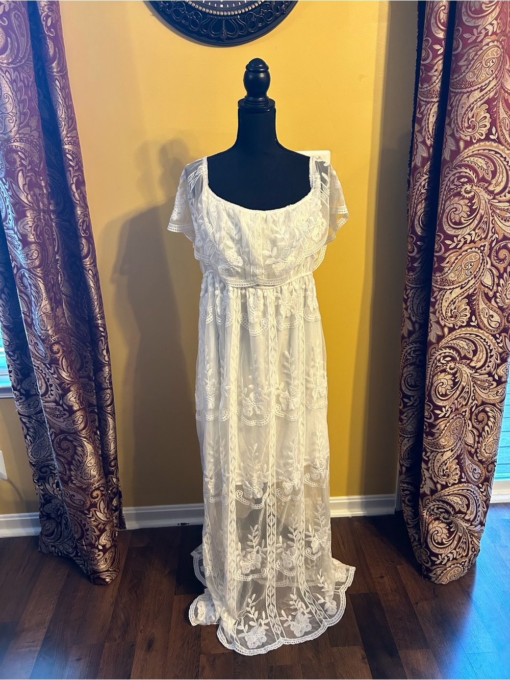 White Lace Maxi Dress with Sheer Overlay - Elegant Women's Dress